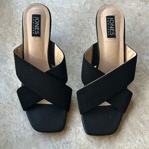 Jones New York Iress Black Fabric Double Strap Cross Top Cork Wedge NWOT size 10